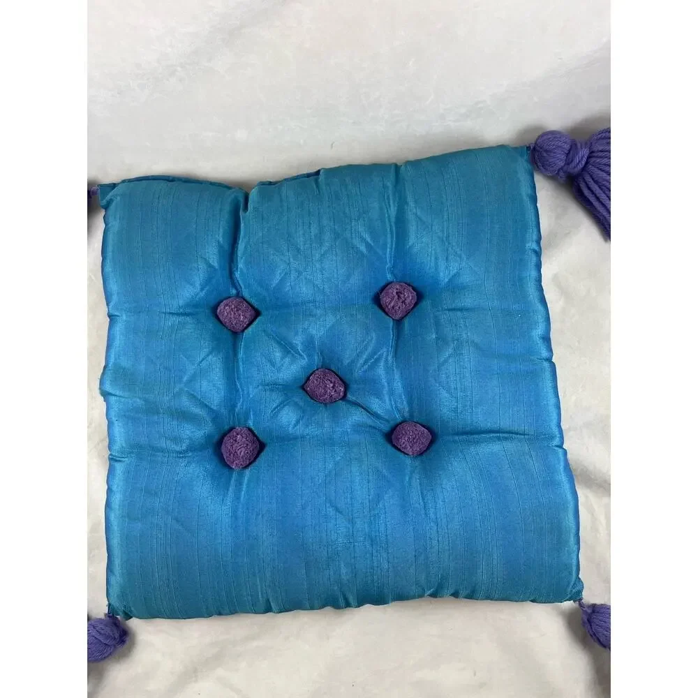 Blue Throw Pillow Purple Tassels Pom Accents 13.5